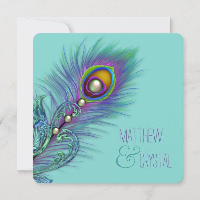 Purple and Teal Blue Peacock Wedding Invitation (Front)