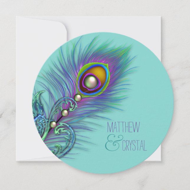 Purple and Teal Blue Peacock Wedding Invitation (Front)
