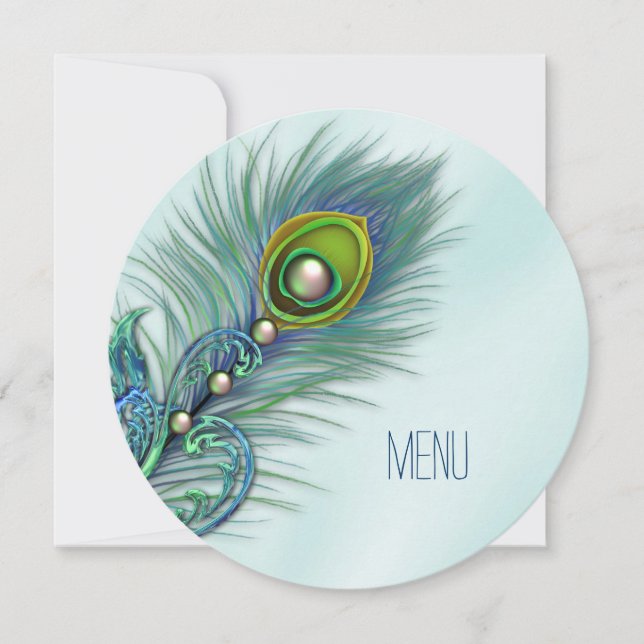 Purple and Teal Blue Peacock Wedding Menu Invitation (Front)