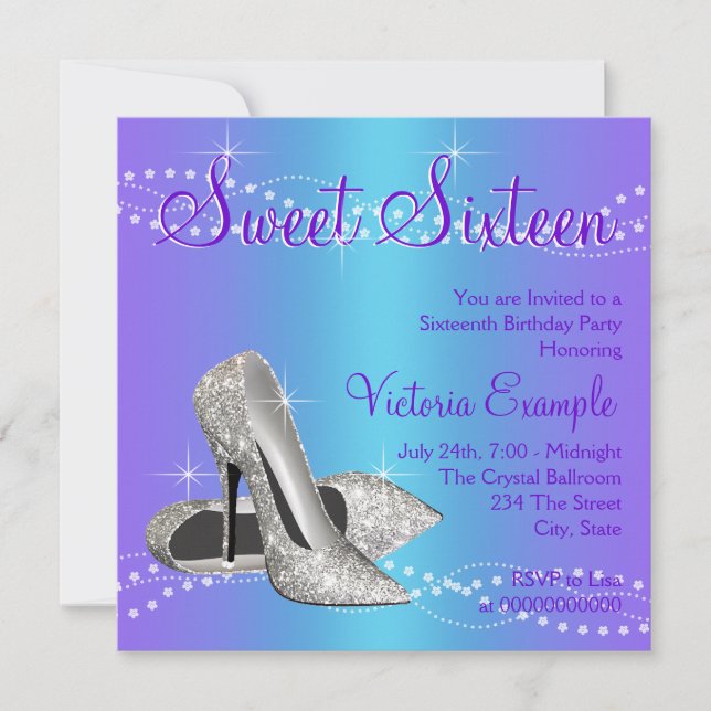 Purple and Teal Blue Sweet 16 Party Invitation (Front)