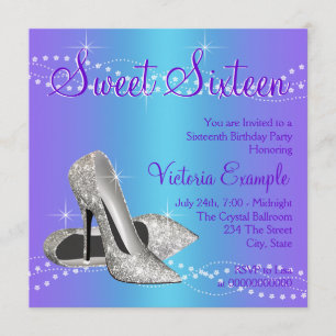 Purple and Teal Blue Sweet 16 Party Invitation