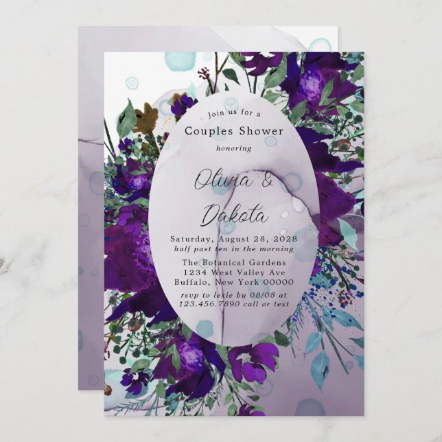 Purple and Teal Botanical Floral Couples Shower Invitation (Front/Back)