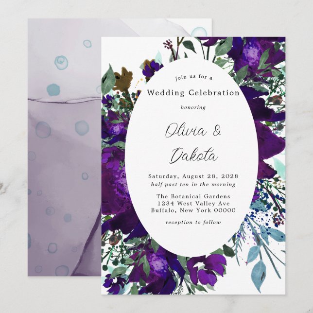 Purple and Teal Botanical Floral Wedding Invitation (Front/Back)