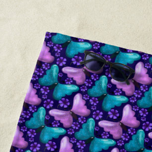 Purple and Teal Butterfly Pattern   Floral Seamles Beach Towel