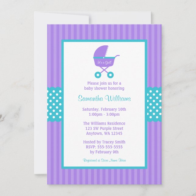 Purple and Teal Carriage Striped Dots Baby Shower Invitation (Front)