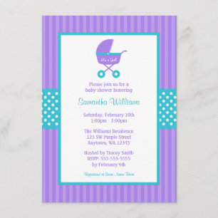 Purple and Teal Carriage Striped Dots Baby Shower Invitation