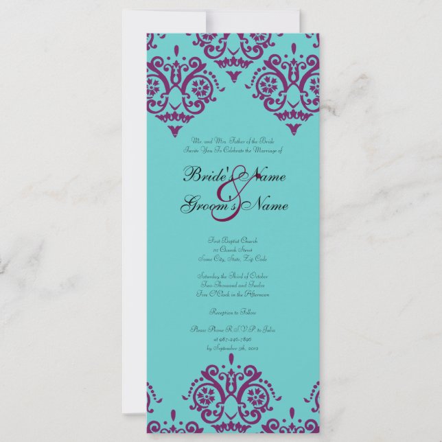 Purple and Teal Damask Wedding Invitation (Front)