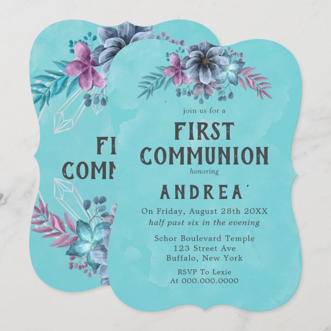 Purple And Teal Floral First Communion  Invitation (Front/Back)