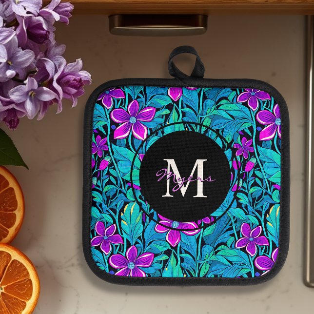 Purple and Teal Flowers and Foliage Personalised Pot Holder (Creator Uploaded)