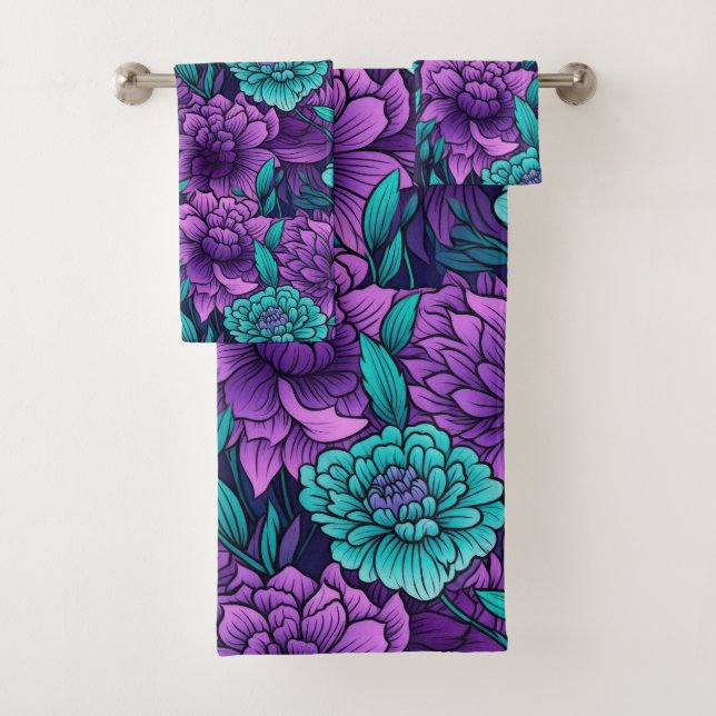 Purple And Teal Flowers  Bath Towel Set (Insitu)
