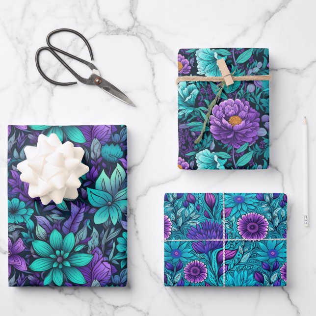 Purple And Teal Flowers Wrapping Paper Sheet (Front)