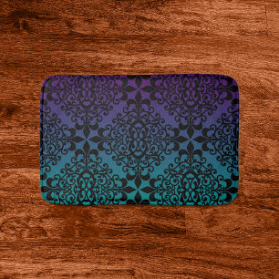 Purple And Teal Gradient Black Damask Pattern Bath Mat