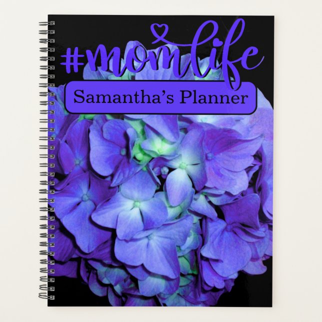Purple and teal hydrangea, #momlife planner (Front)