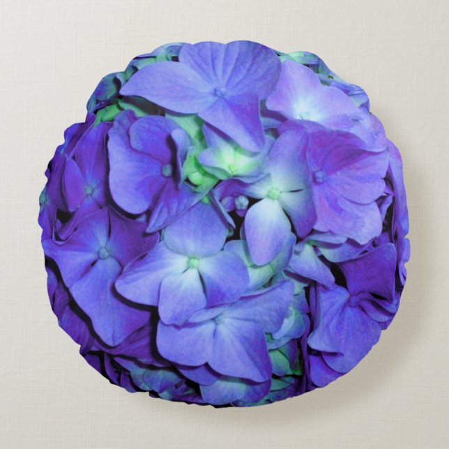Purple and teal hydrangea, purple blue flowers  round cushion (Front)