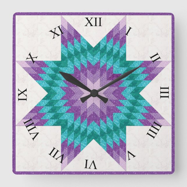 Purple and Teal Lone Star Quilt Design Square Wall Clock (Front)
