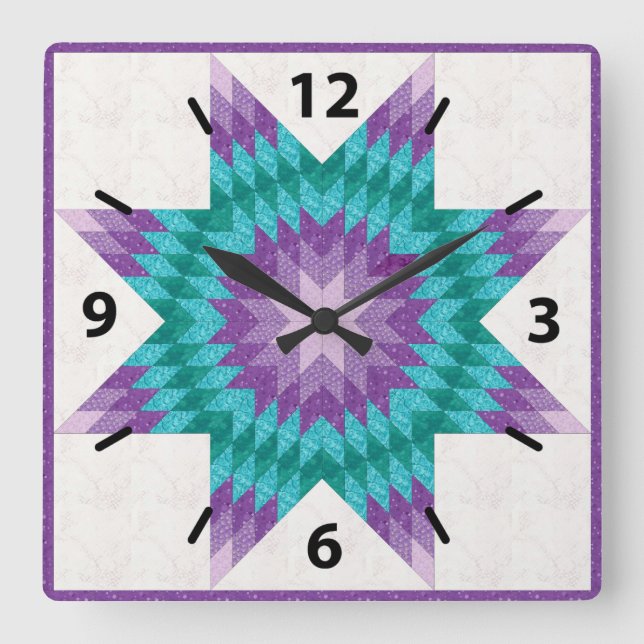 Purple and Teal Lone Star Quilt Design Square Wall Clock (Front)