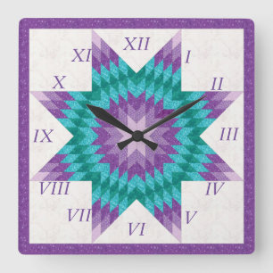 Purple and Teal Lone Star Quilt Design Square Wall Clock