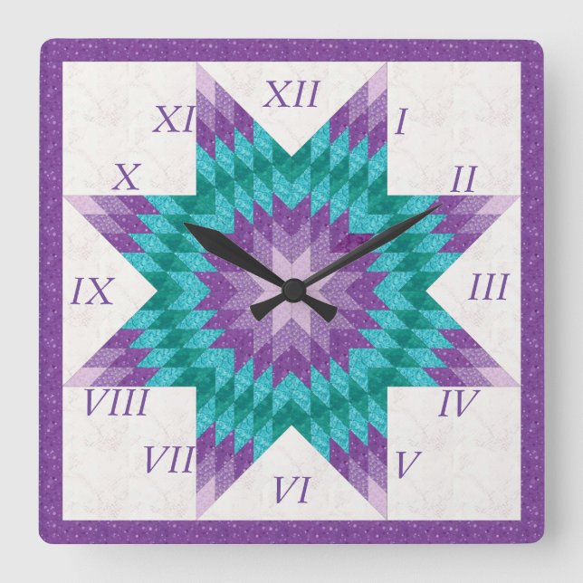 Purple and Teal Lone Star Quilt Design Square Wall Clock (Front)