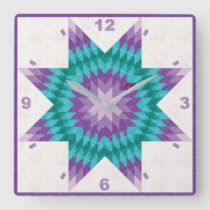 Purple and Teal Lone Star Quilt Design Square Wall Clock