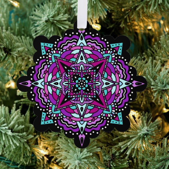 Purple and Teal Mandala Christmas Tree Decoration Card (Insitu (Tree))