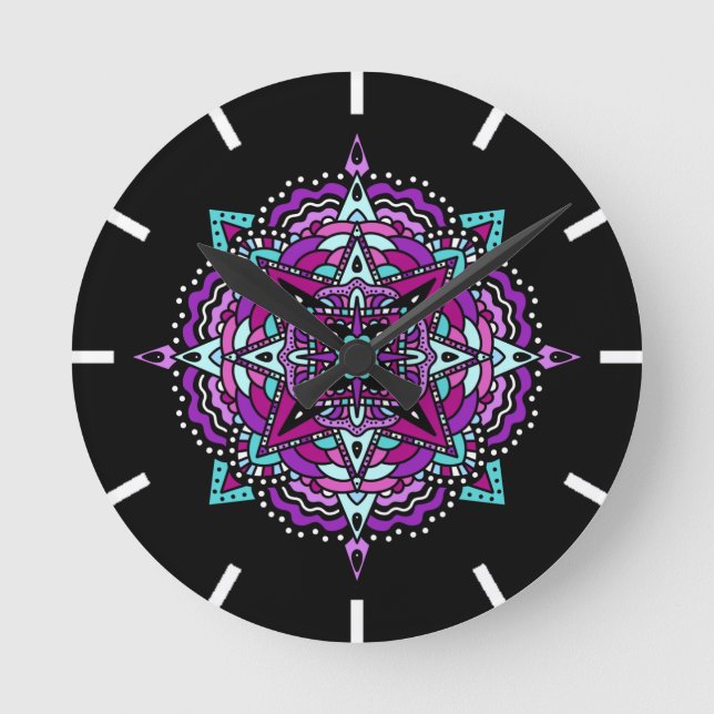 Purple and Teal Mandala Round Clock (Front)