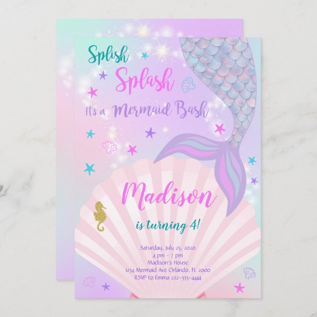 Purple and Teal Mermaid Tail Birthday Invitation (Front/Back)