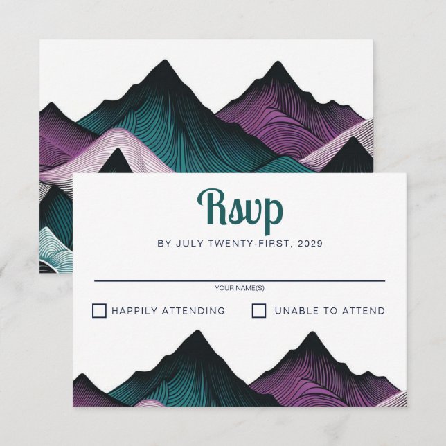 Purple and Teal Mountain Wedding RSVP Card (Front/Back)