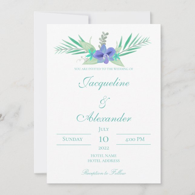 Purple and Teal Orchid Wedding Theme Invitation (Front)