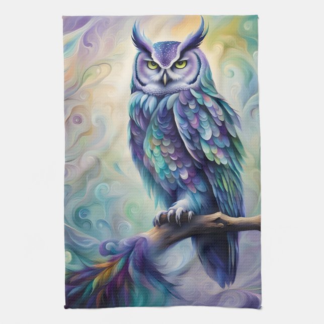 Purple and Teal Owl Tea Towel (Vertical)