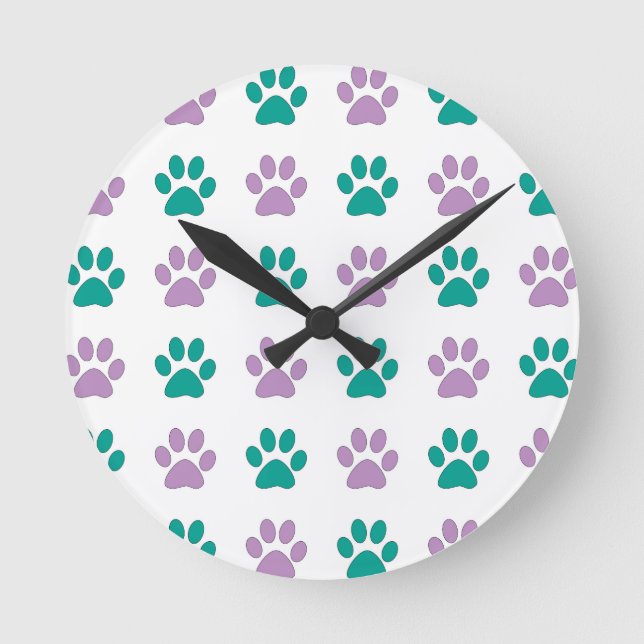 Purple and teal puppy paw prints round clock (Front)