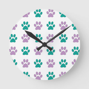 Purple and teal puppy paw prints round clock