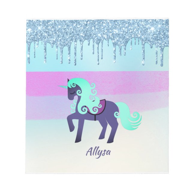 Purple and Teal Unicorn with Faux Dripping Glitter Notepad (Front)