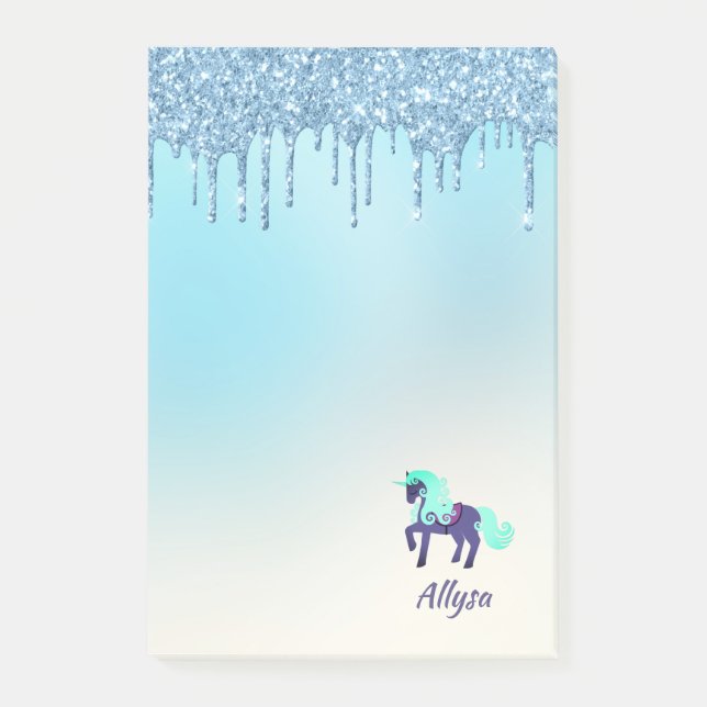 Purple and Teal Unicorn with Faux Dripping Glitter Post-it Notes (Front)