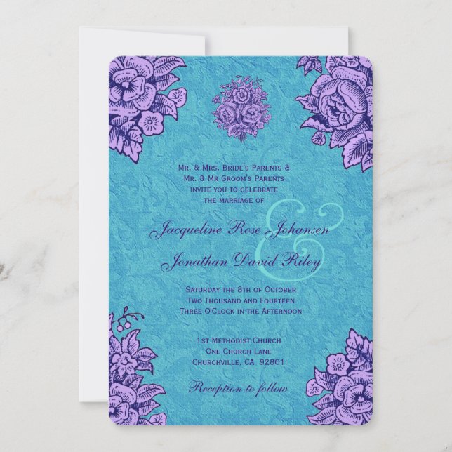 Purple and Teal Vintage Flowers Wedding V33 Invitation (Front)