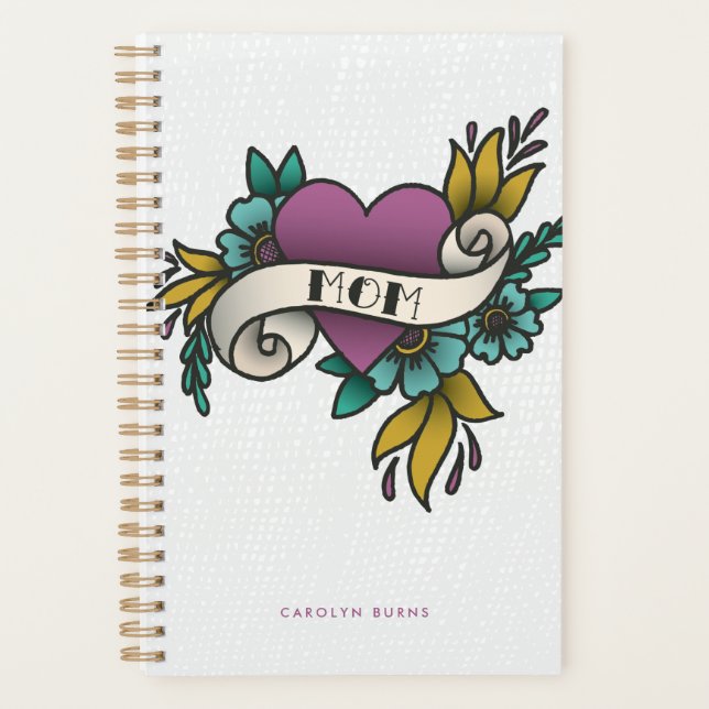 Purple and Teal Vintage Mum Heart Tattoo Planner (Front)