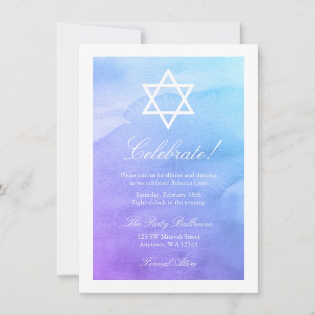 Purple and Teal Watercolor Bat Mitzvah Reception Invitation (Front)