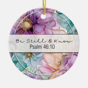 Purple and Teal Watercolor Flowers Be Still Ceramic Tree Decoration