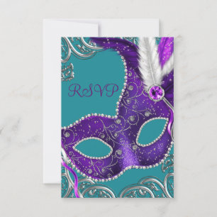 Purple and Turquoise Blue Masquerade Party RSVP Card