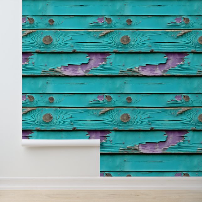 Purple and Turquoise Blue Weathered Wood Wallpaper (Application)