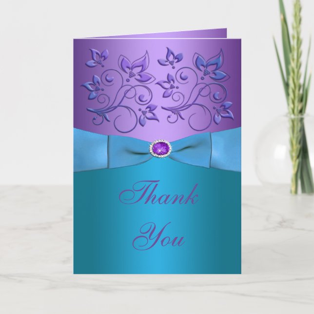 Purple and Turquoise Floral Thank You Card (Front)