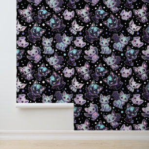 Purple and Turquoise Kawaii Cat Bat Cute Gothic Wallpaper