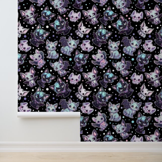 Purple and Turquoise Kawaii Cat Bat Cute Gothic Wallpaper (Application)