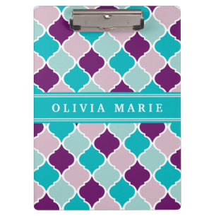 Purple and Turquoise Lattice Pattern with Name Clipboard