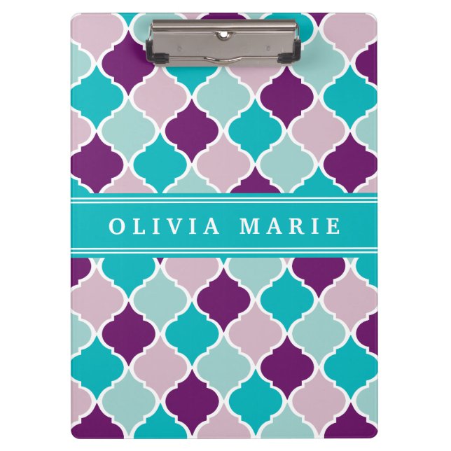 Purple and Turquoise Lattice Pattern with Name Clipboard (Front)