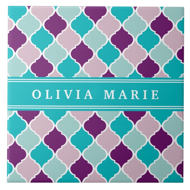 Purple and Turquoise Lattice Pattern with Name Tile (Front)
