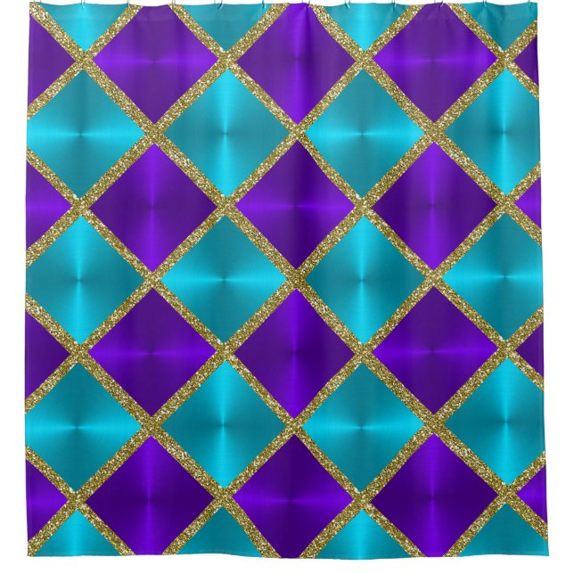 Purple and Turquoise Metallic Looking Squares Gold Shower Curtain (Front)