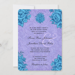 Purple and Turquoise Vintage Flowers Wedding V31 Invitation