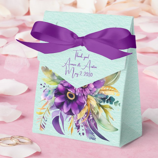 Purple and Turquoise Watercolor Florals Wedding  Favour Box (Wedding)