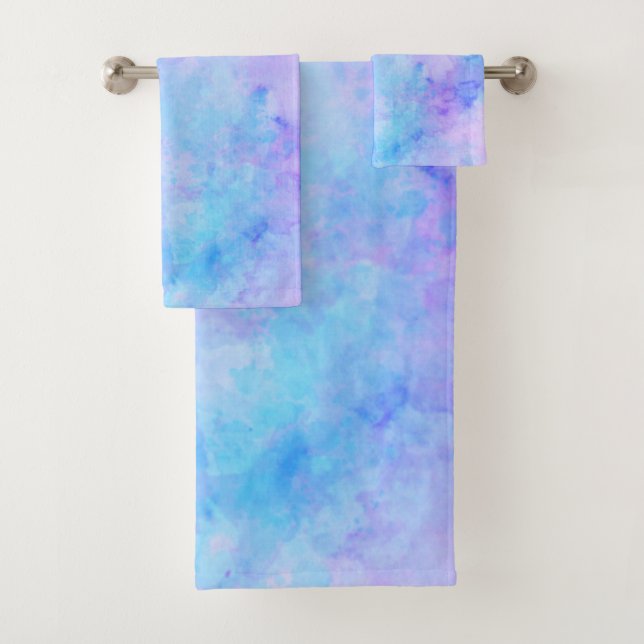 Purple and Turquoise Watercolor Splashes Bath Towel Set (Insitu)