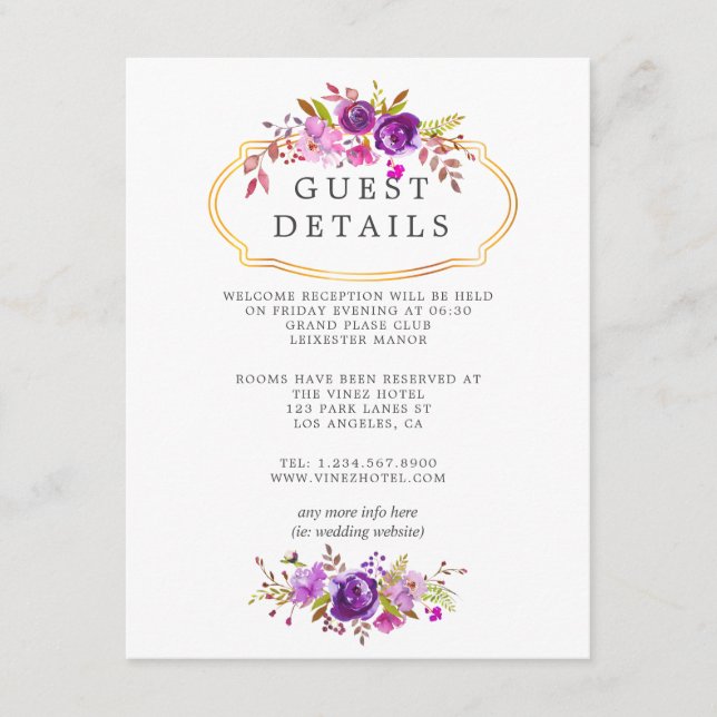 Purple and Violet Floral Wedding Guest Details Enclosure Card (Front)